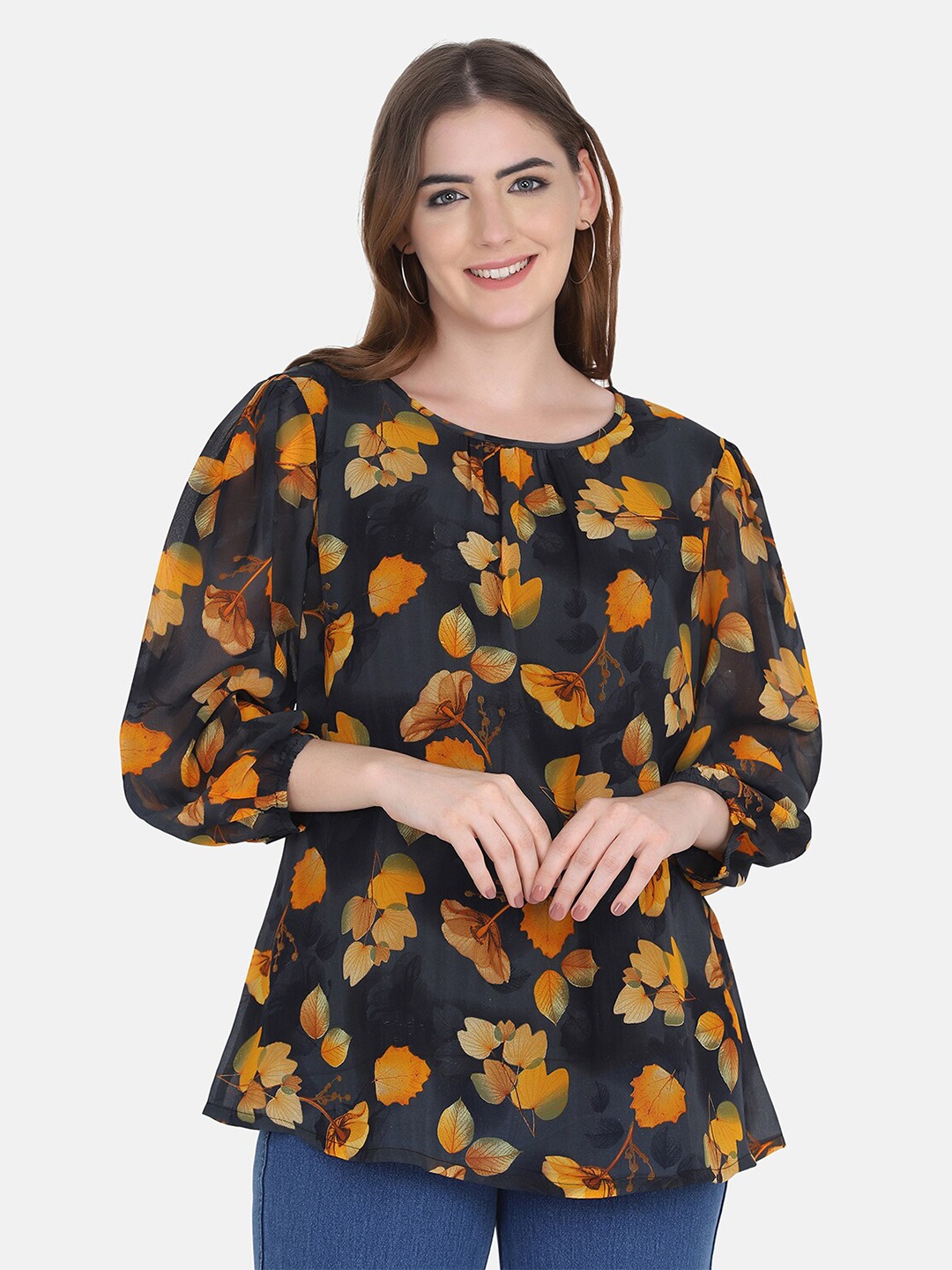 

FUTURO Floral Printed Puff Sleeves Top, Yellow