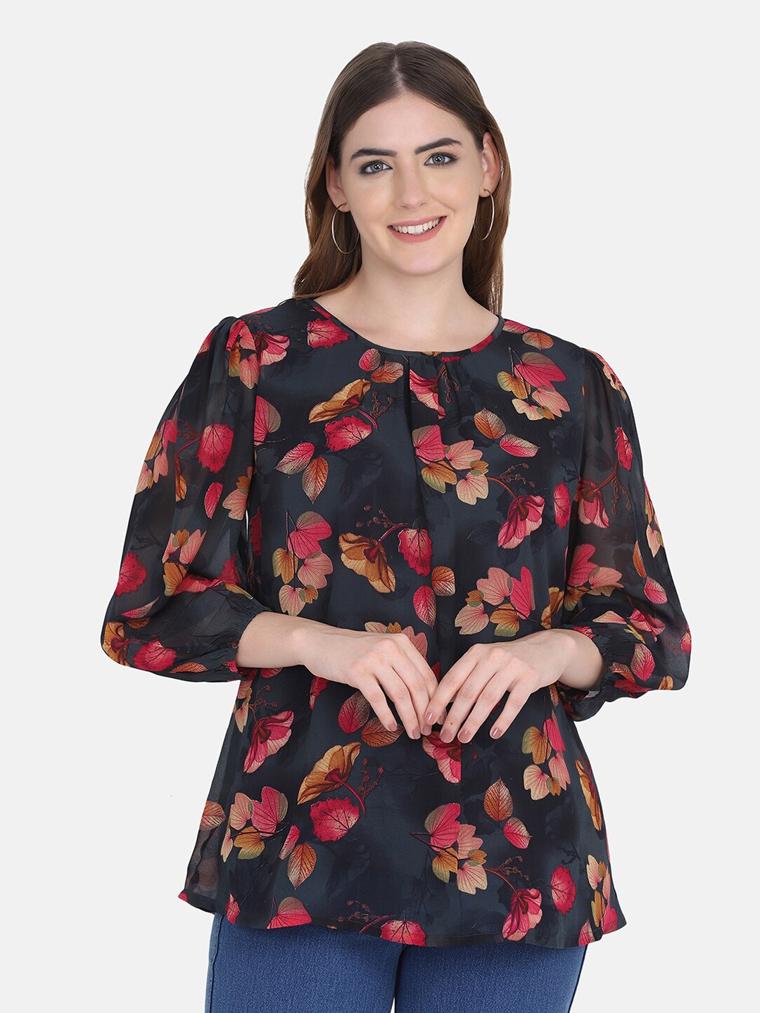 

FUTURO Floral Print Cuffed Sleeves Georgette Regular Top, Navy blue