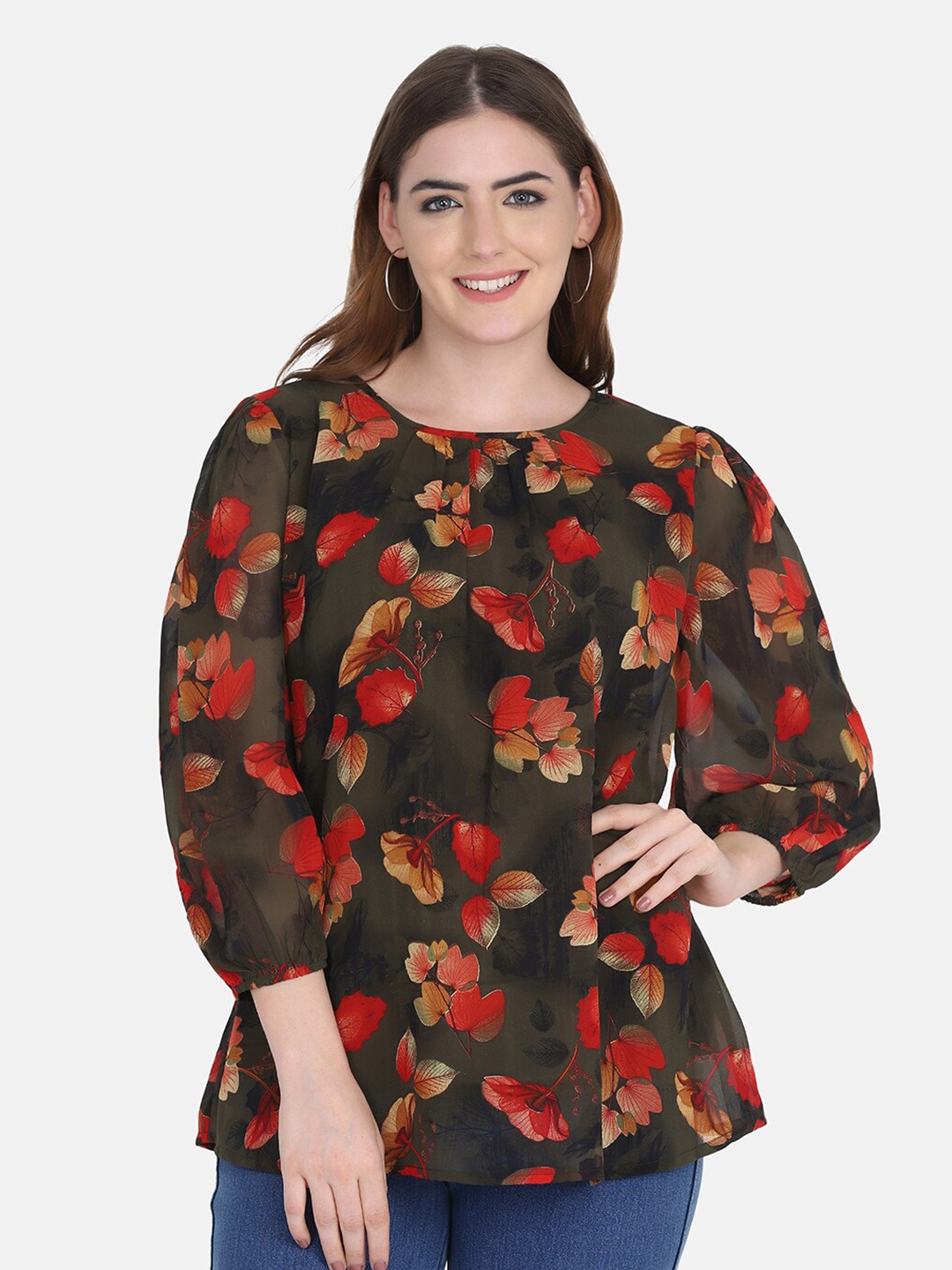

FUTURO Floral Printed Puff Sleeve Georgette Top, Olive