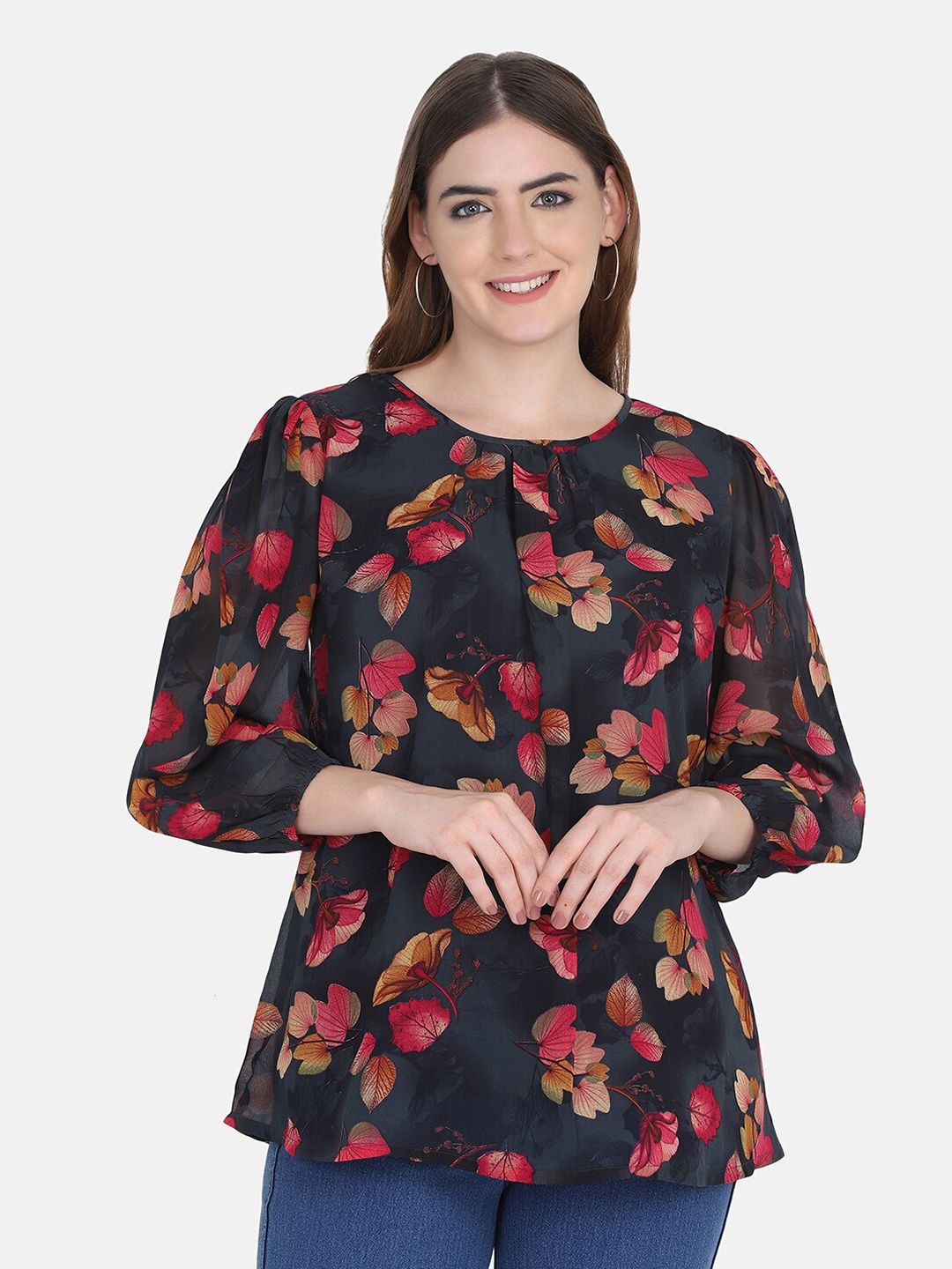 

FUTURO Floral Printed Puff Sleeves Top, Navy blue