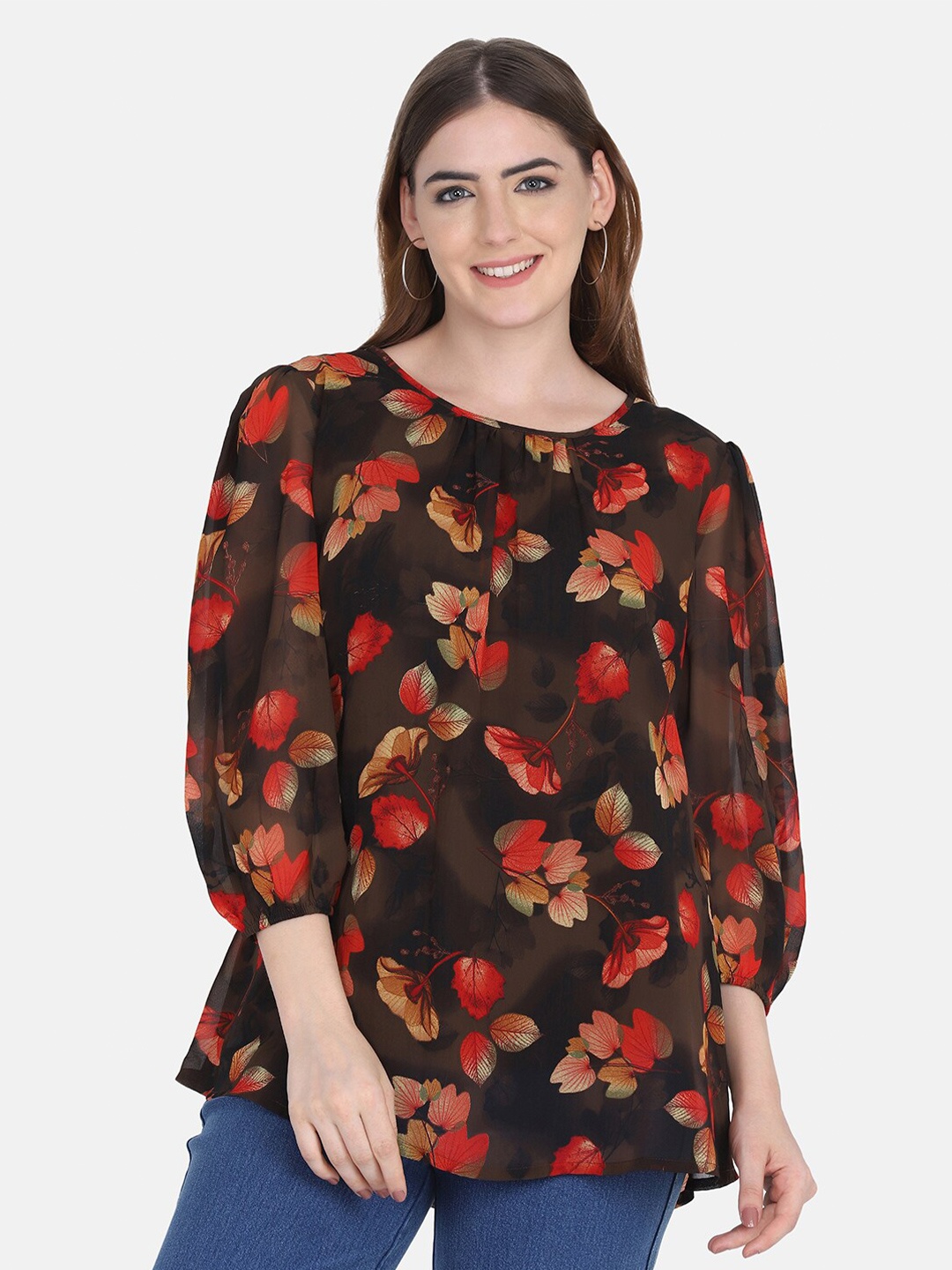 

FUTURO Floral Printed Puff Sleeve Top, Brown