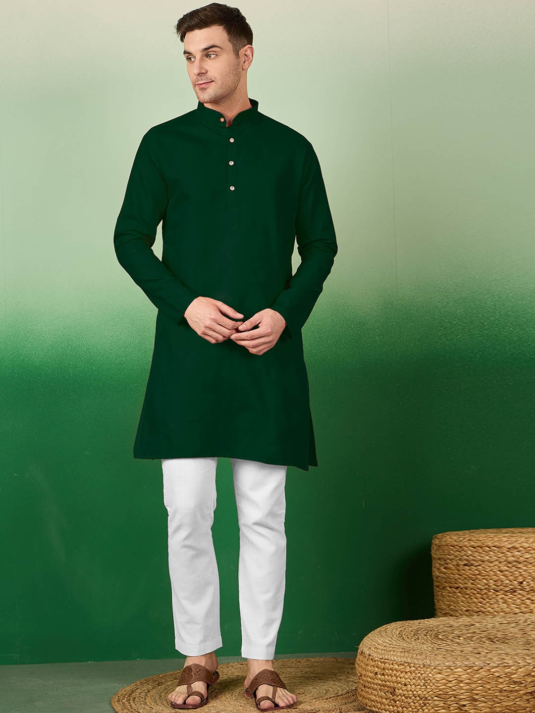 

Sangria Mandarin Collar Long Sleeves Straight Kurta, Green