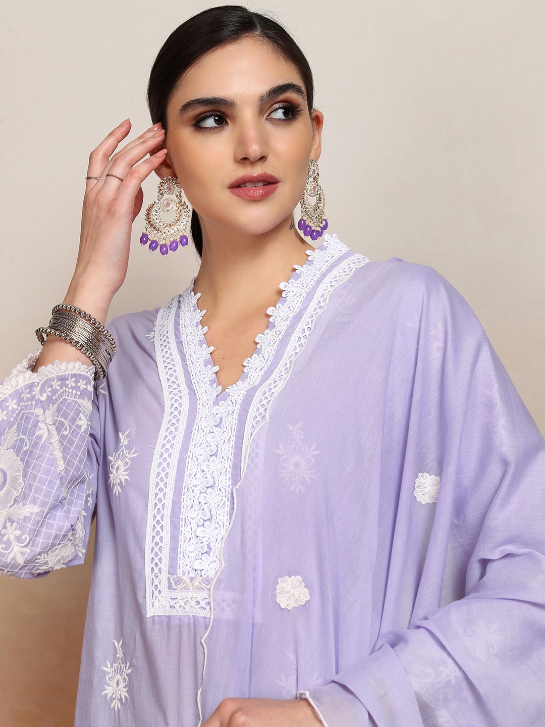 

Vishudh Ethnic Motifs Embroidered Pure Cotton Kurta With Trouser & Dupatta, Purple