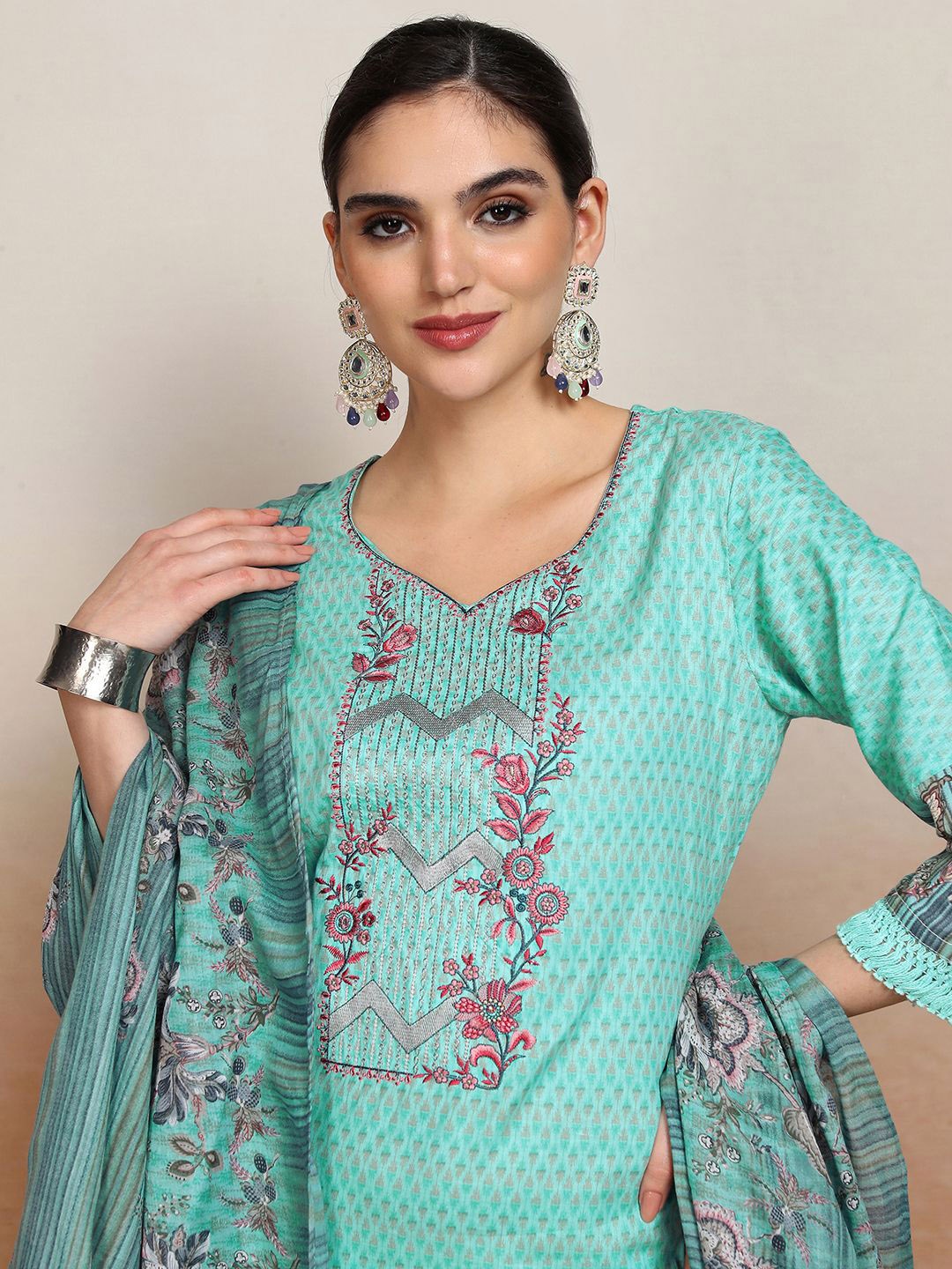 

Vishudh Ethnic Motifs Embroidered Pure Cotton Straight Kurta & Trousers With Dupatta, Blue