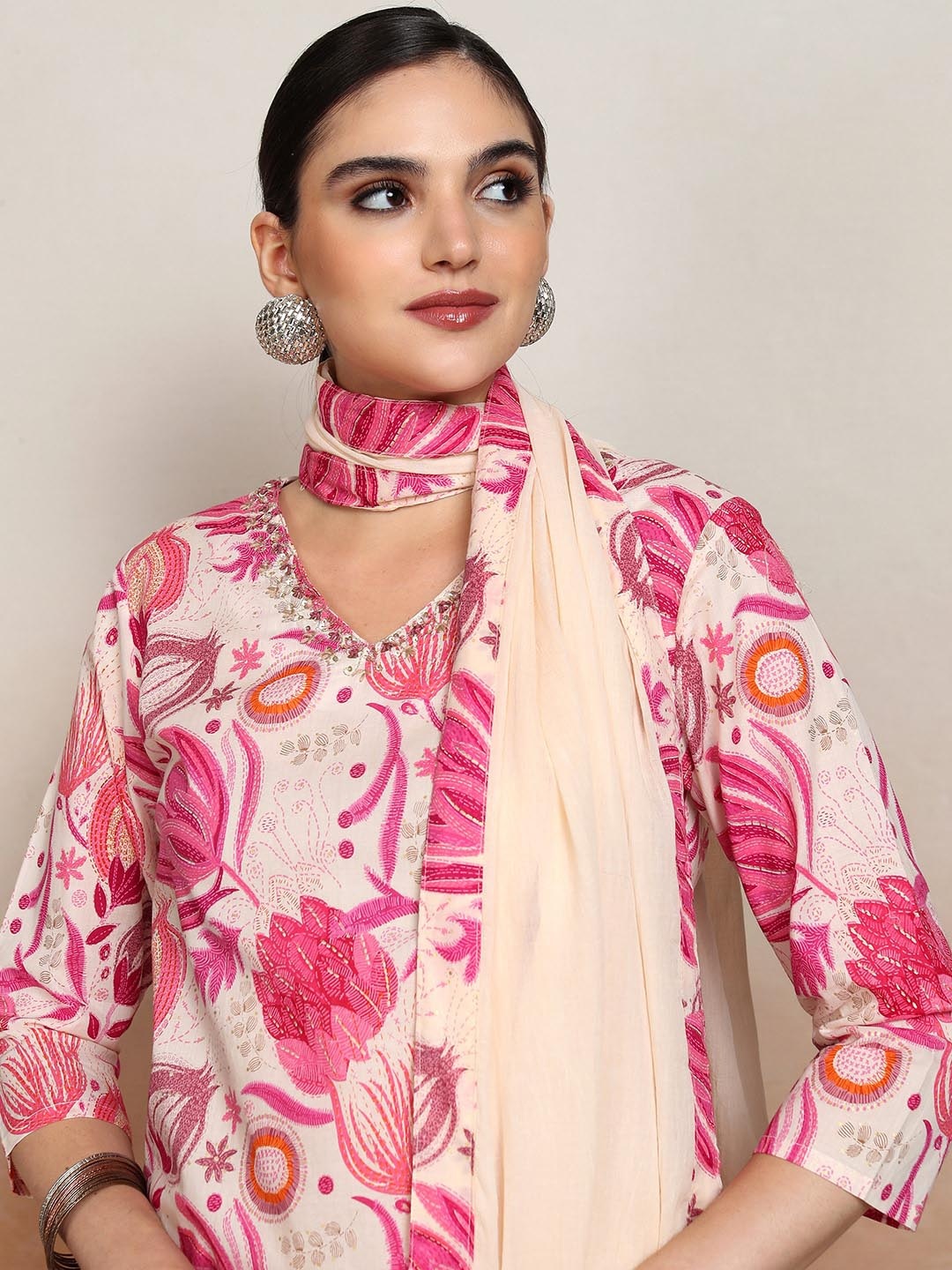 

Vishudh Floral Printed Pure Cotton Straight Kurta & Trousers With Dupatta, Pink
