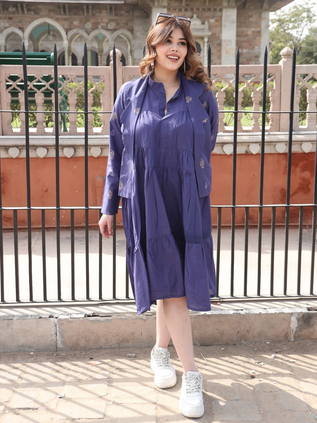 

Swadeshi Shringaar Mandarin Collar Coton A-Line Midi Dress With Jacket, Purple