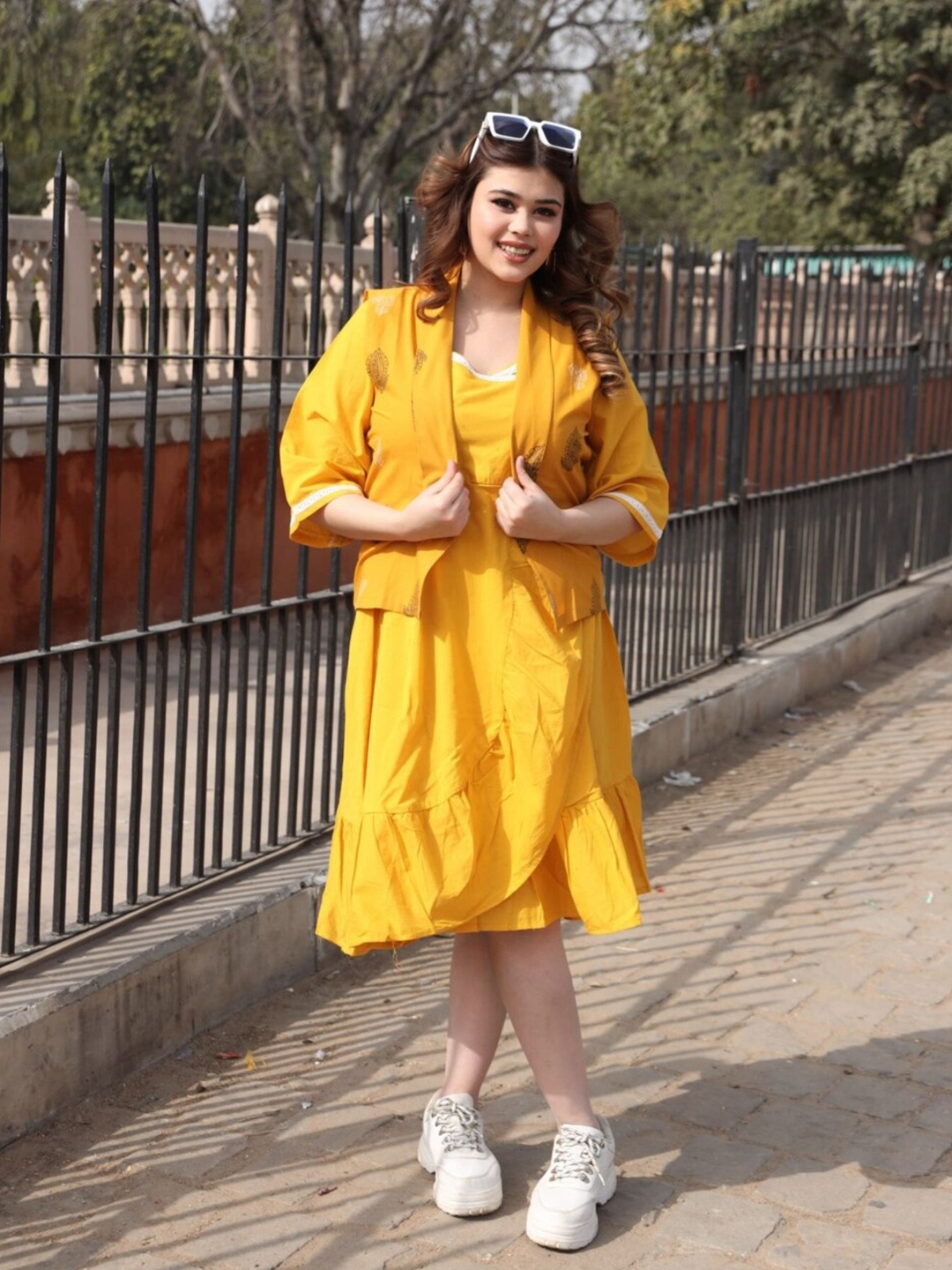 

Swadeshi Shringaar Round Neck Cotton A Line Dress With Jacket, Yellow