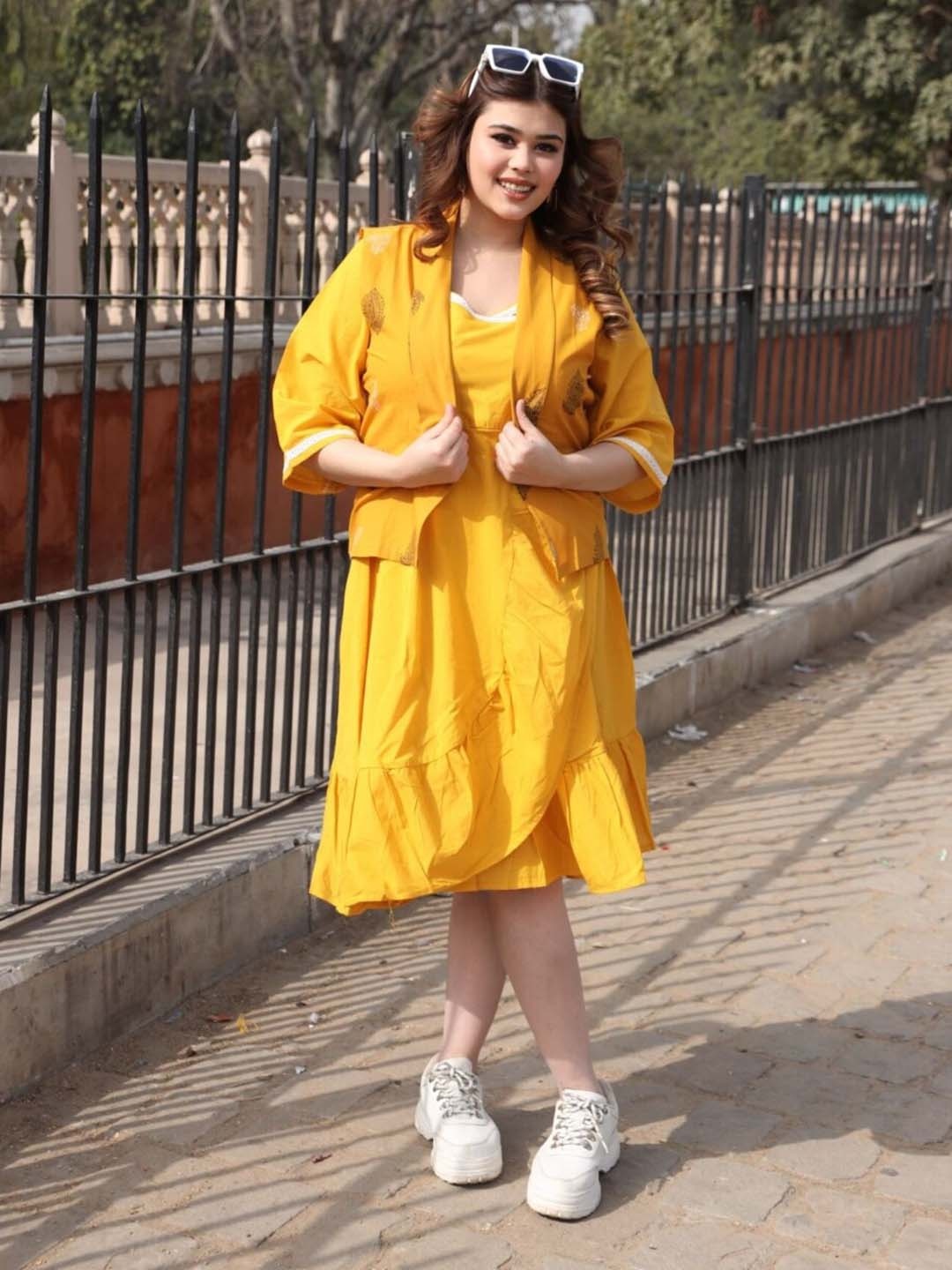 

Swadeshi Shringaar Plus Size Round Neck Cotton A Line Dress With Jacket, Yellow