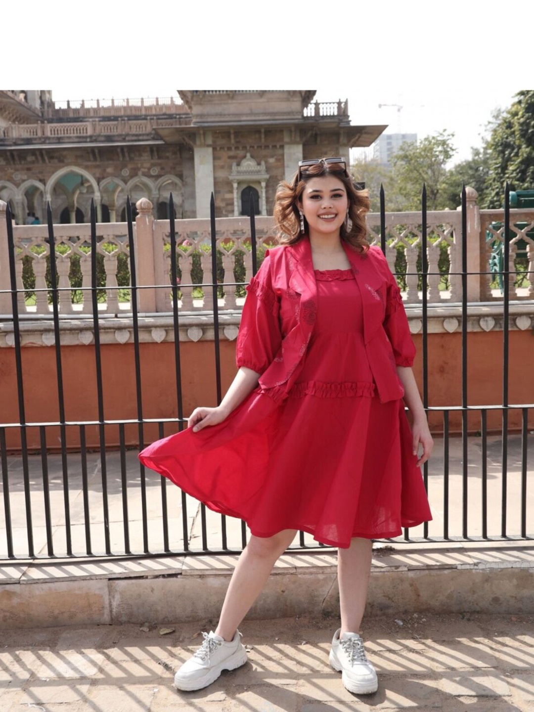 

Swadeshi Shringaar Plus Size Round Neck Cotton A Line Dress With Jacket, Red