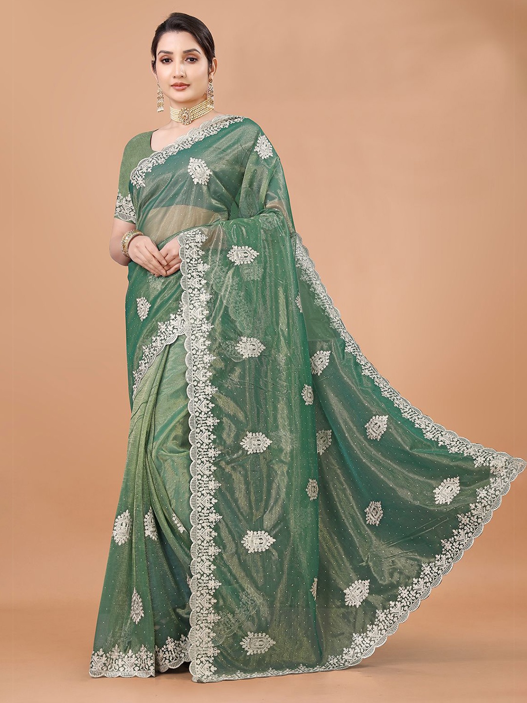

DIVASTRI Floral Embroidered Supernet Saree, Olive