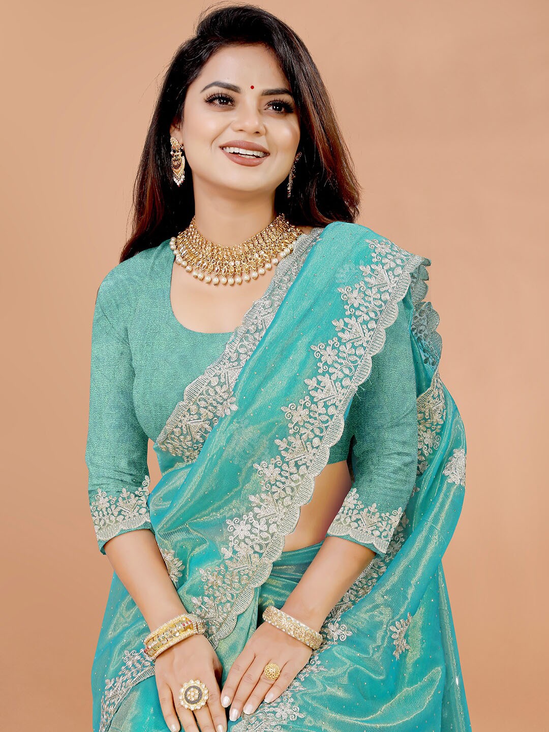 

DIVASTRI Embellished Embroidered Supernet Heavy Work Saree, Blue