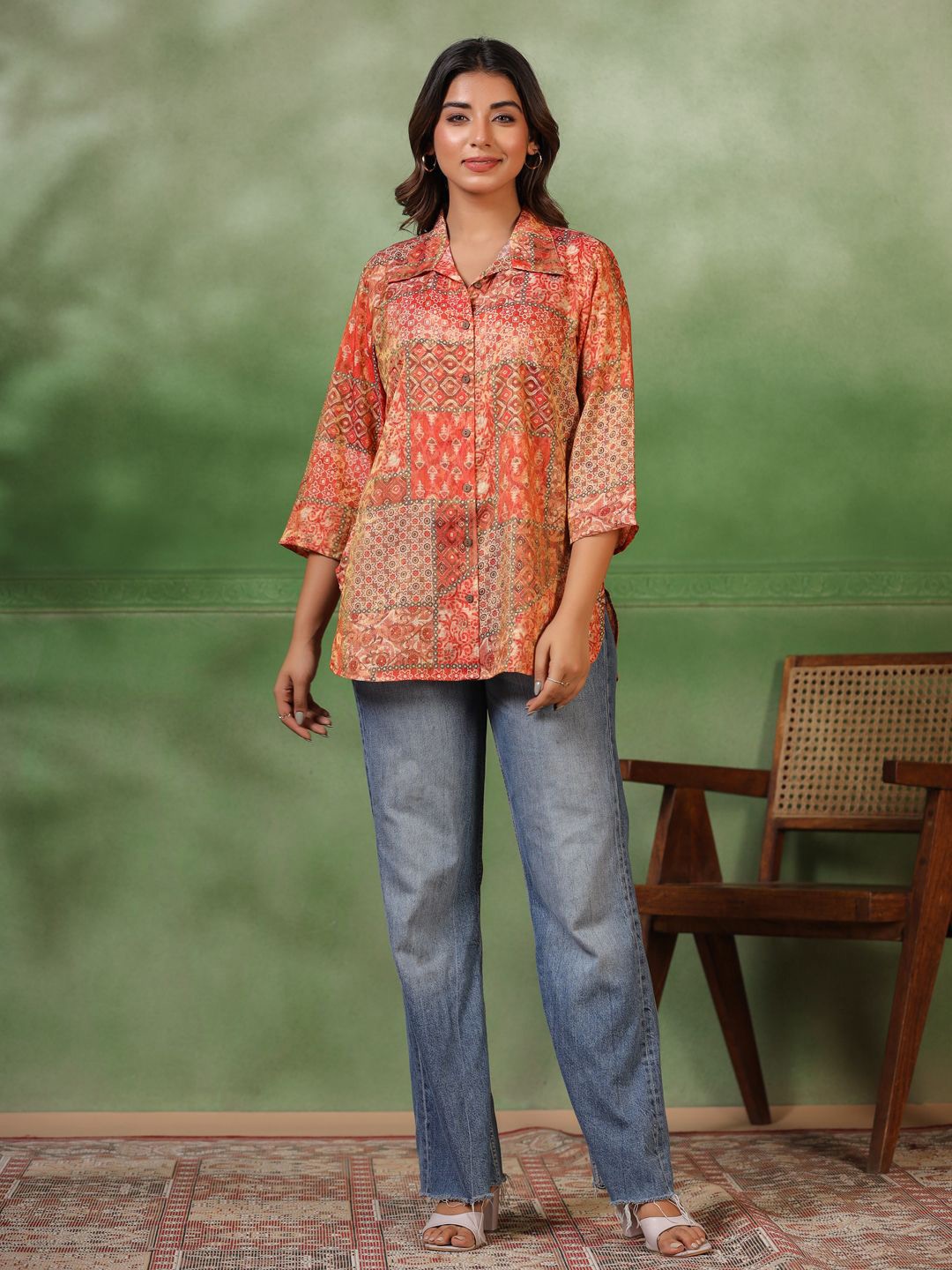 

Sangria Abstract Printed Shirt Style Tunics, Orange