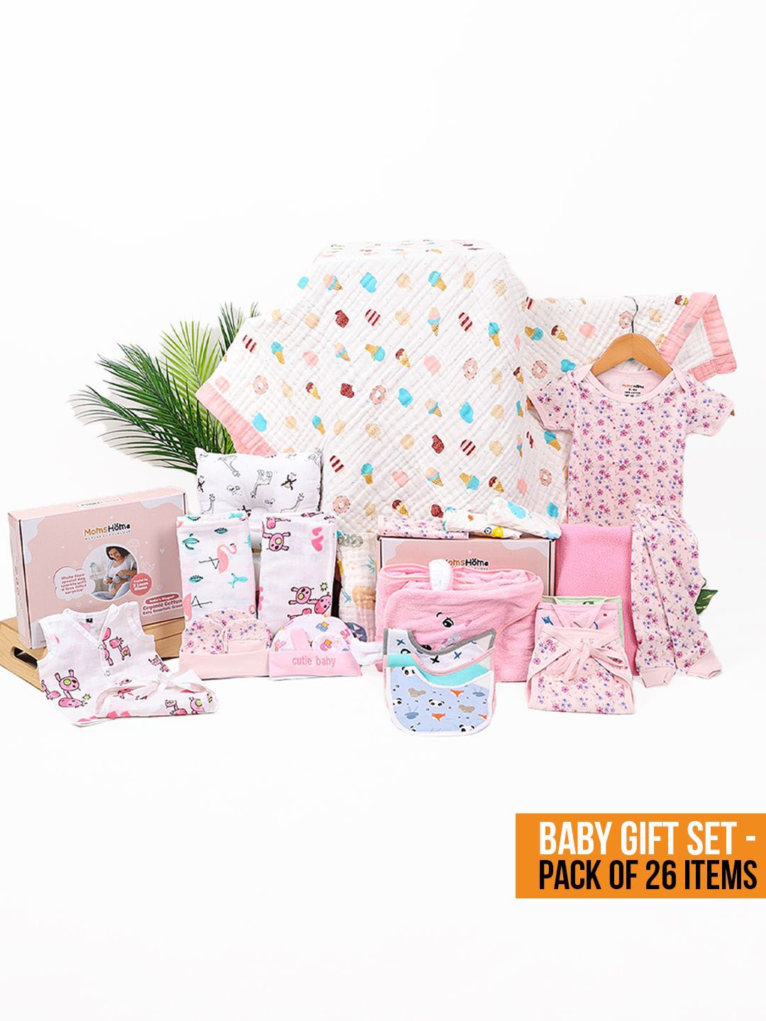 

Moms Home Infants 26-Pcs Printed Organic Cotton Essential Gift, Pink