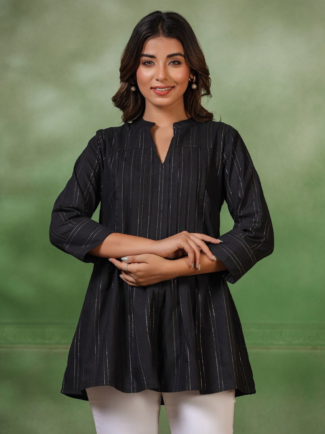 

Sangria Striped Mandarin Collar Cotton Tunics, Black