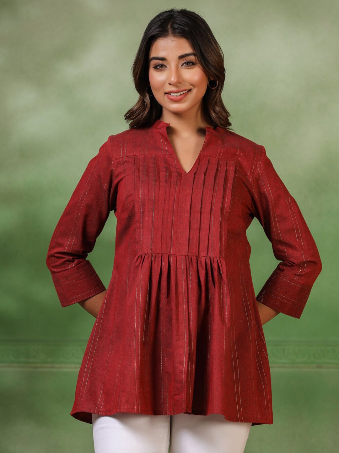 

Sangria Striped Mandarin Collar Cotton Tunics, Red