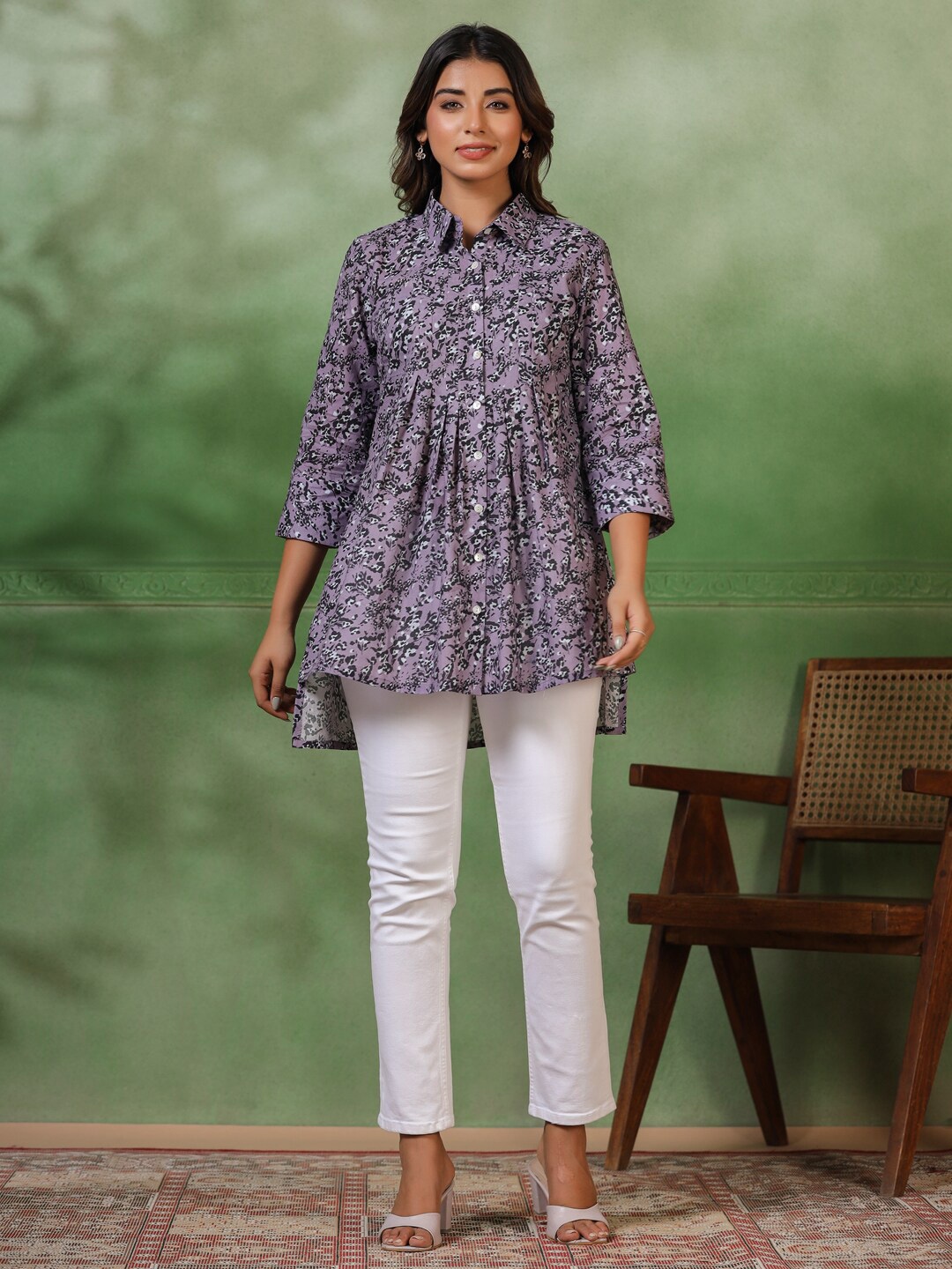 

Sangria Printed Organic Cotton Shirt Style Tunics, Purple