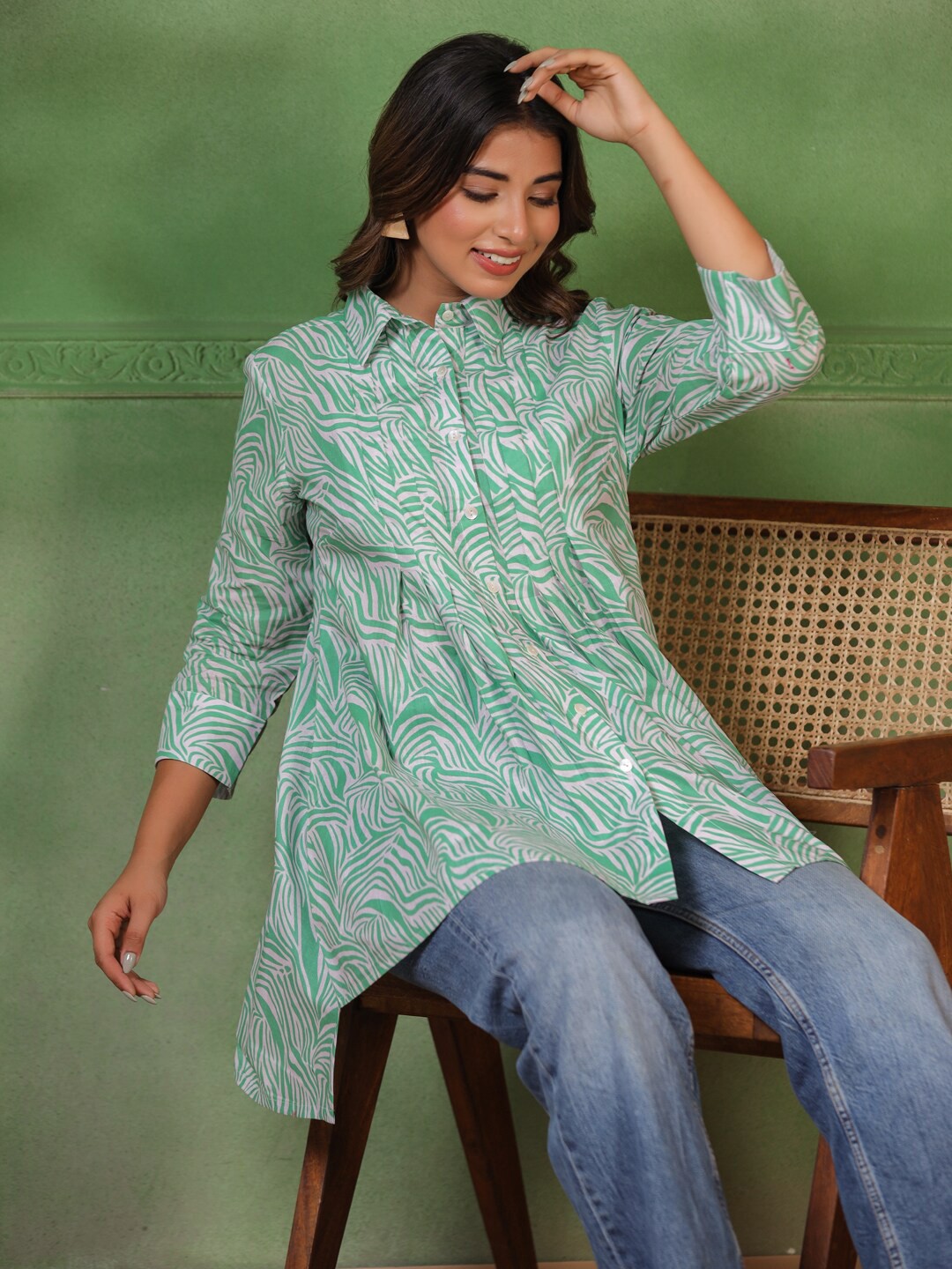 

Sangria Printed Organic Cotton Shirt Style Tunics, Green