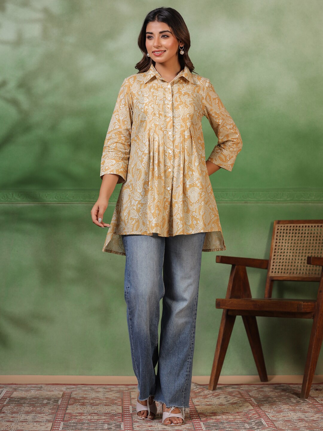 

Sangria Printed Organic Cotton Shirt Style Tunics, Yellow