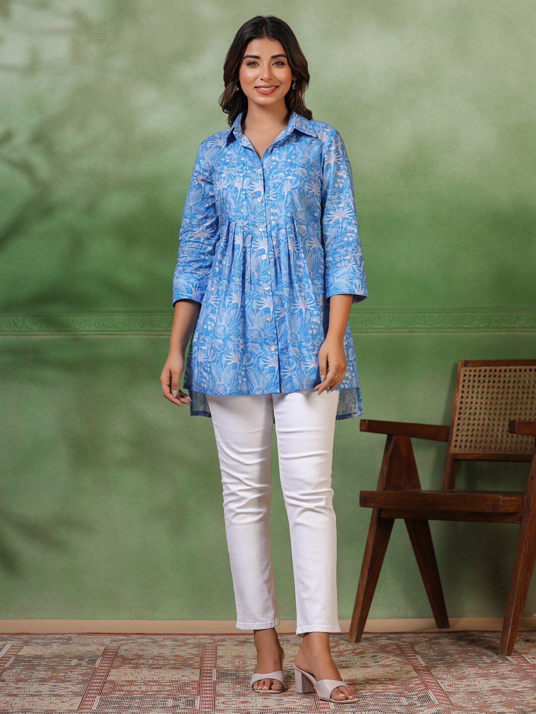 

Sangria Printed Organic Cotton Shirt Style Tunics, Blue