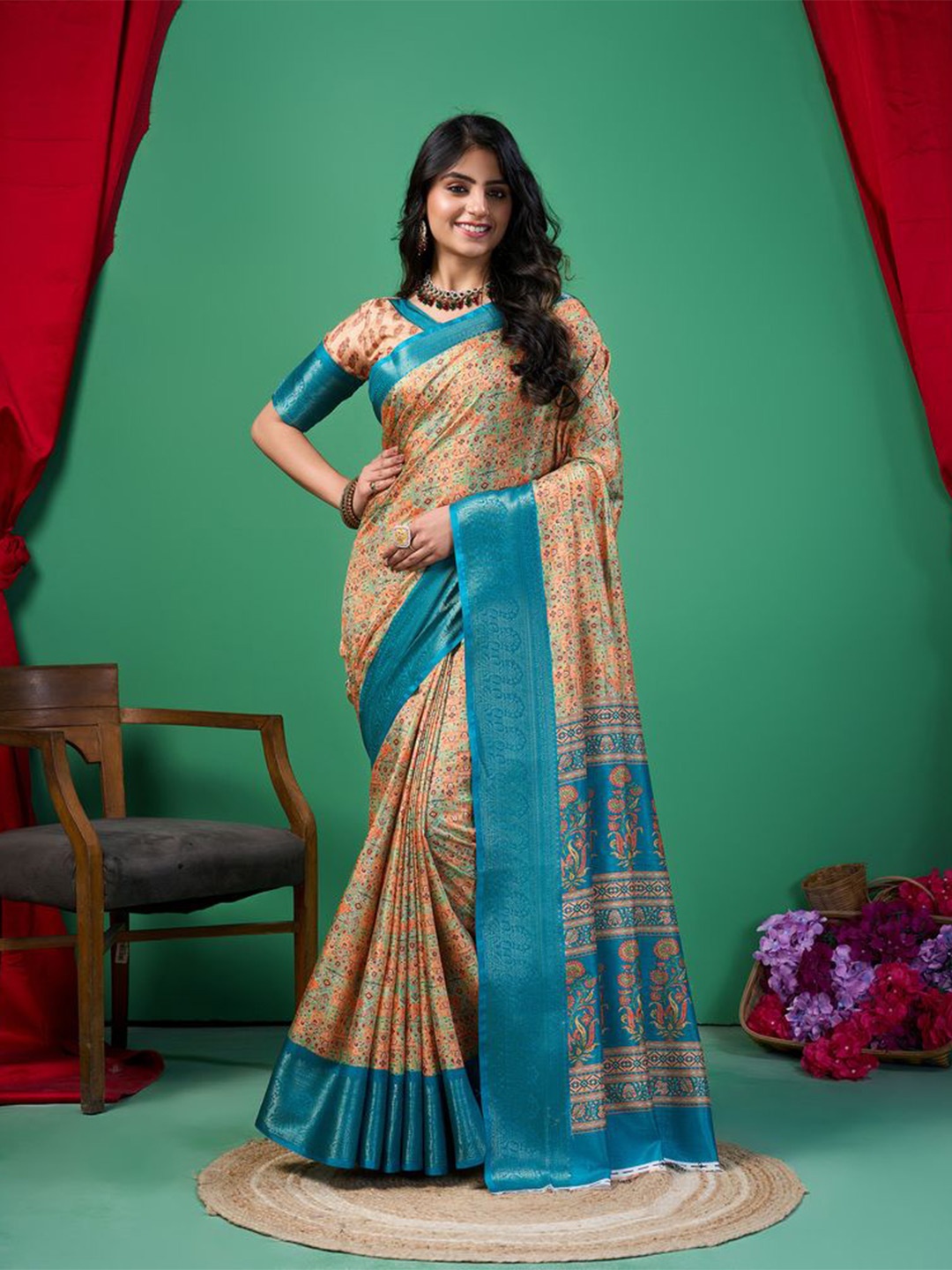 

Fashion FRICKS Digital Printed Ethnic Motifs Zari Silk Cotton Saree, Orange