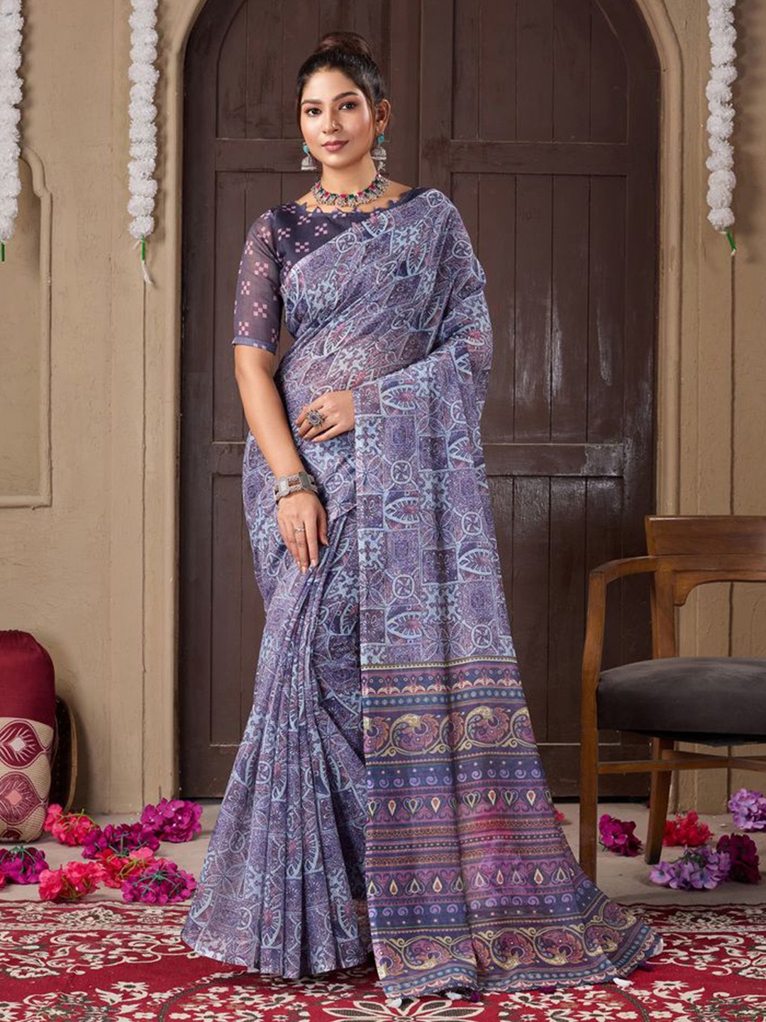 

Fashion FRICKS Digital Printed Ethnic Motifs Silk Cotton Saree, Purple