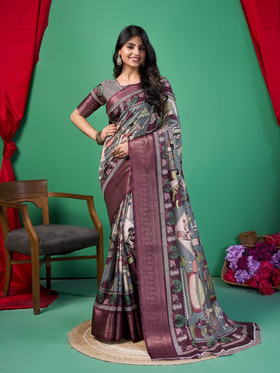 

Fashion FRICKS Ethnic Motifs Zari Silk Cotton Saree, Grey