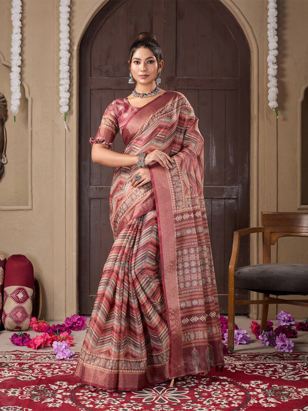 

Fashion FRICKS Striped Zari Silk Cotton Saree With Blouse Piece, Red