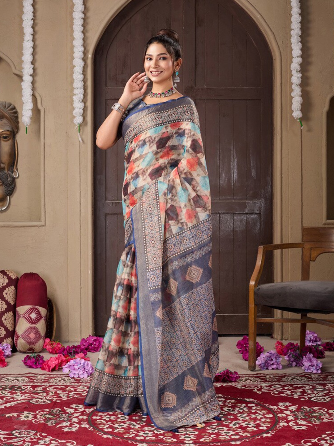 

Fashion FRICKS Silk Cotton Saree, Navy blue