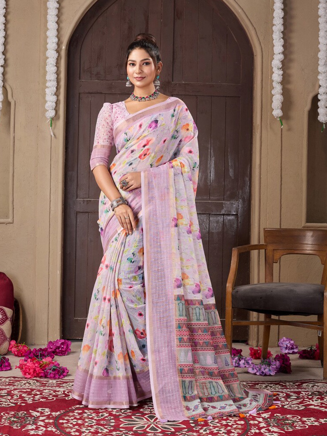 

Fashion FRICKS Women Floral Sequinned Silk Cotton Saree, Pink