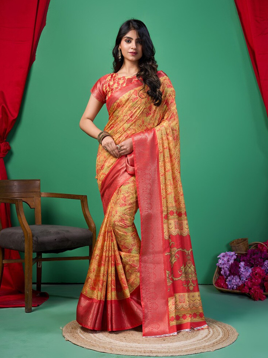 

Fashion FRICKS Women Zari Abstract Silk Cotton Saree, Peach