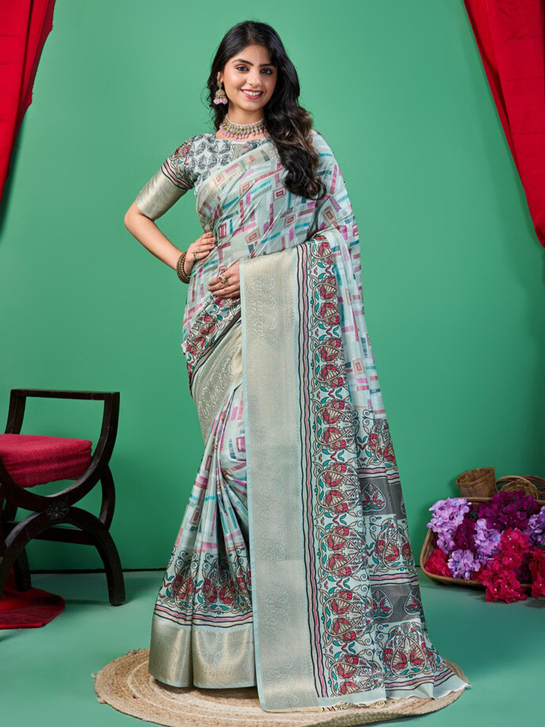 

Fashion FRICKS Floral Silk Cotton Saree, Sea green