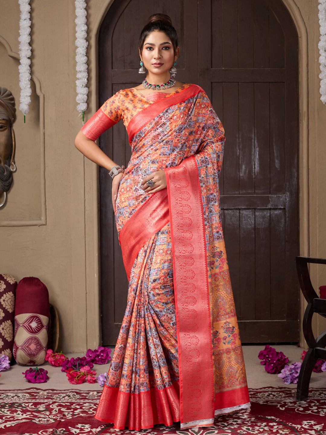 

Fashion FRICKS Zari Silk Cotton Saree, Orange