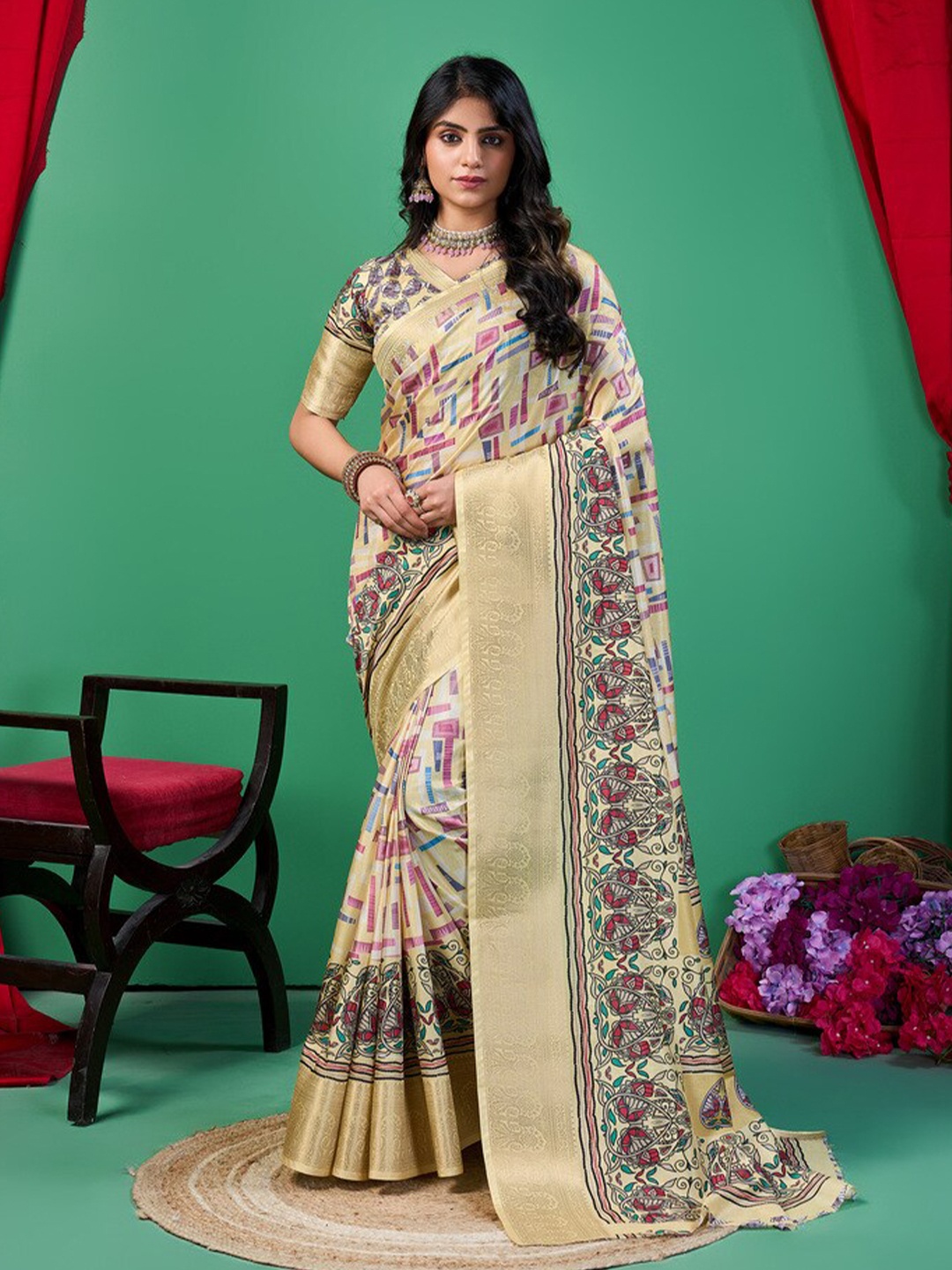 

Fashion FRICKS Floral Silk Cotton Saree, Beige