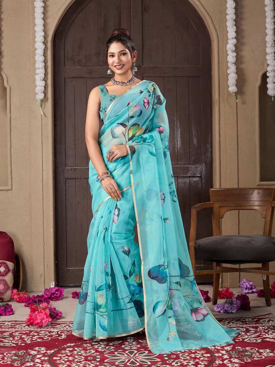 

Fashion FRICKS Floral Organza Saree, Blue