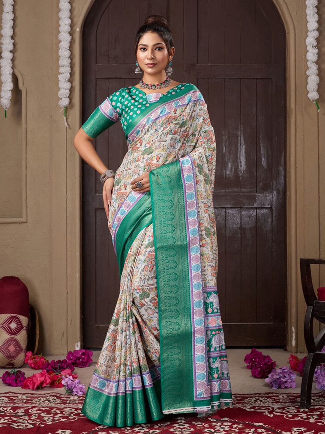 

Fashion FRICKS Ethnic Motifs Zari Silk Cotton Saree, White