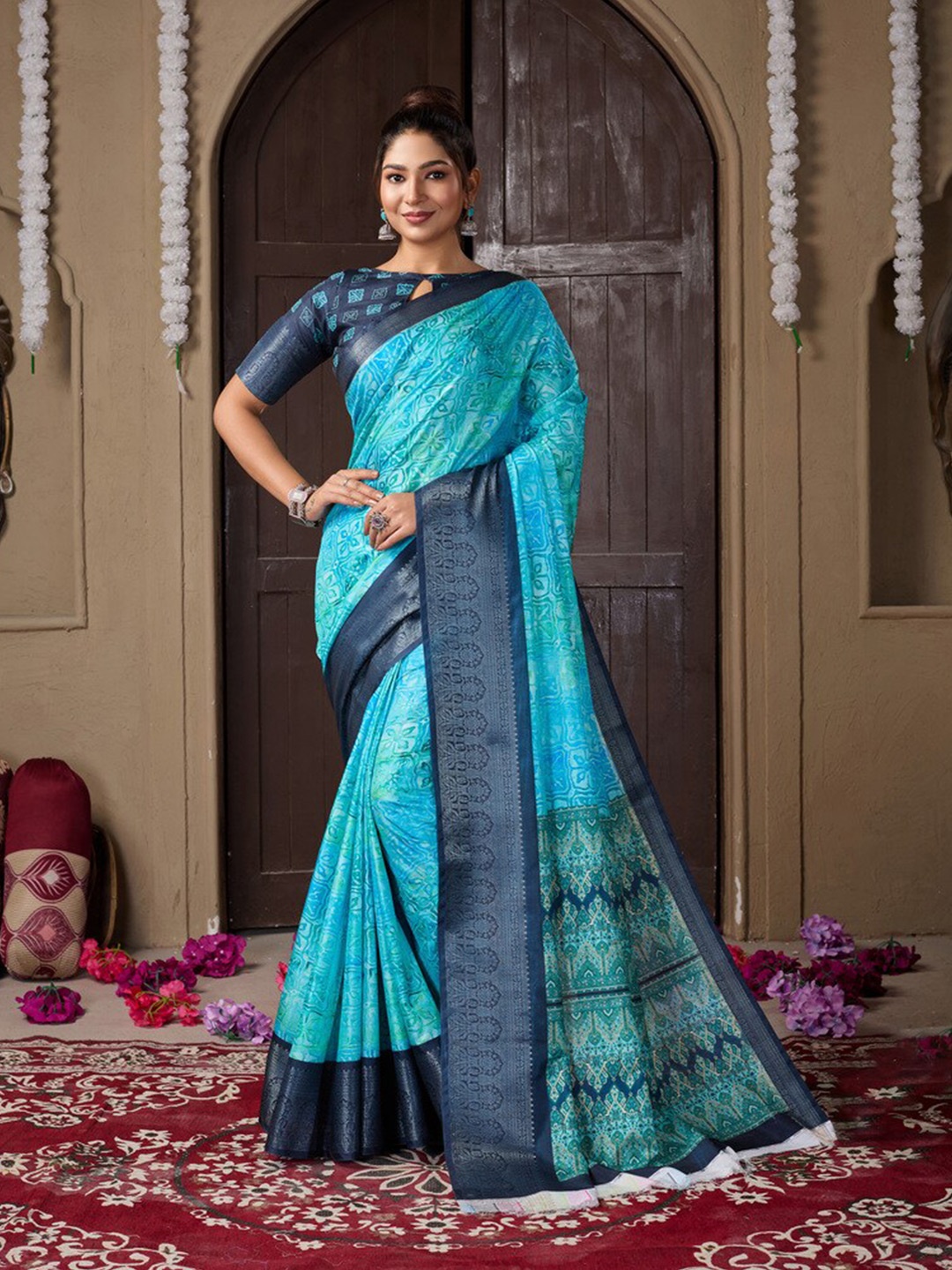 

Fashion FRICKS Ethnic Motifs Zari Silk Cotton Saree, Blue