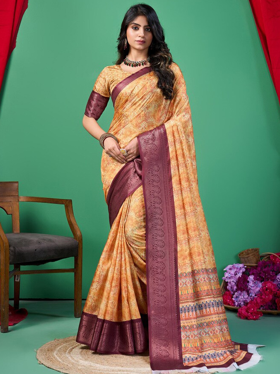

Fashion FRICKS Floral Zari Silk Cotton Saree, Orange