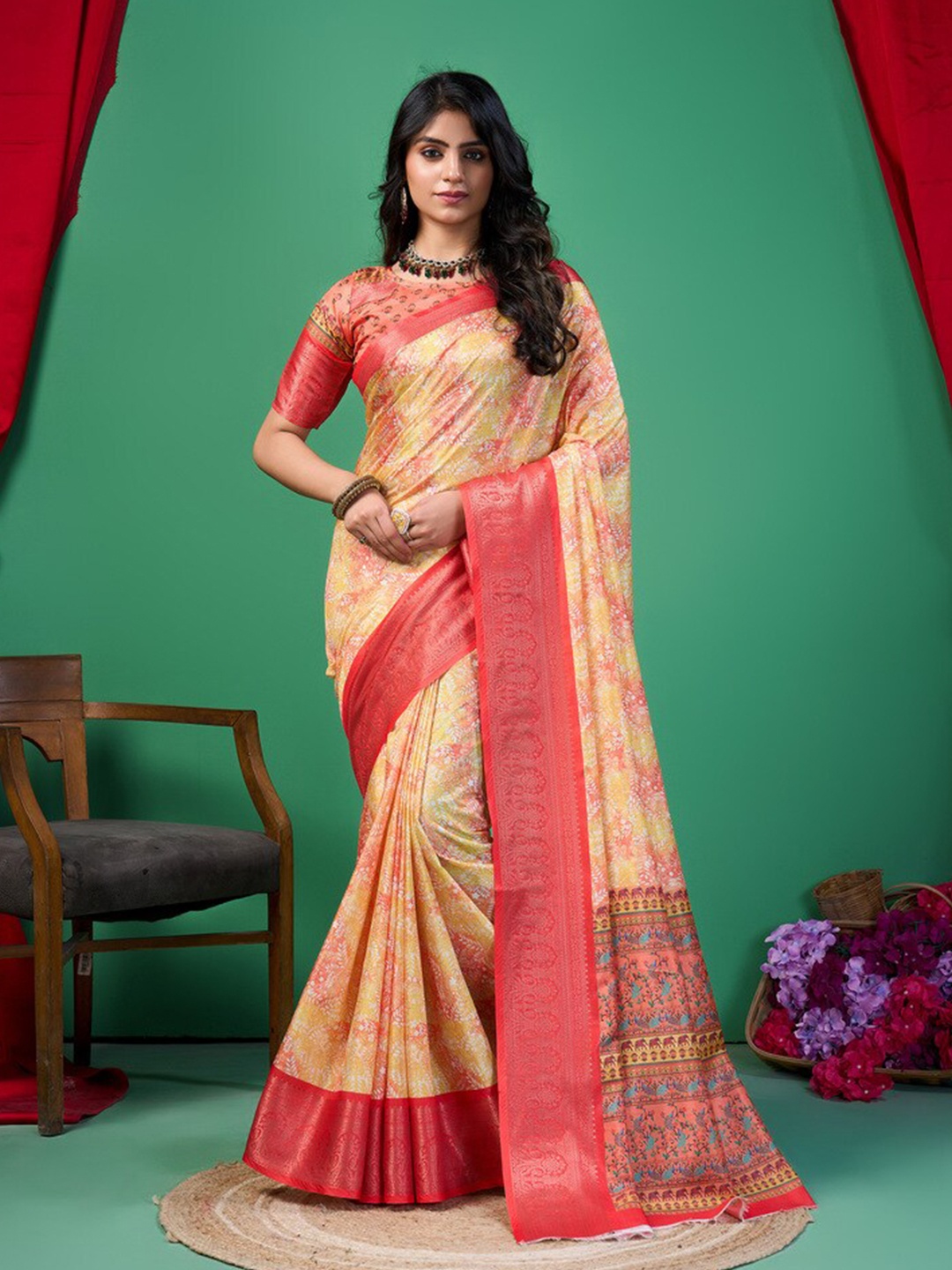 

Fashion FRICKS Floral Silk Cotton Saree, Yellow