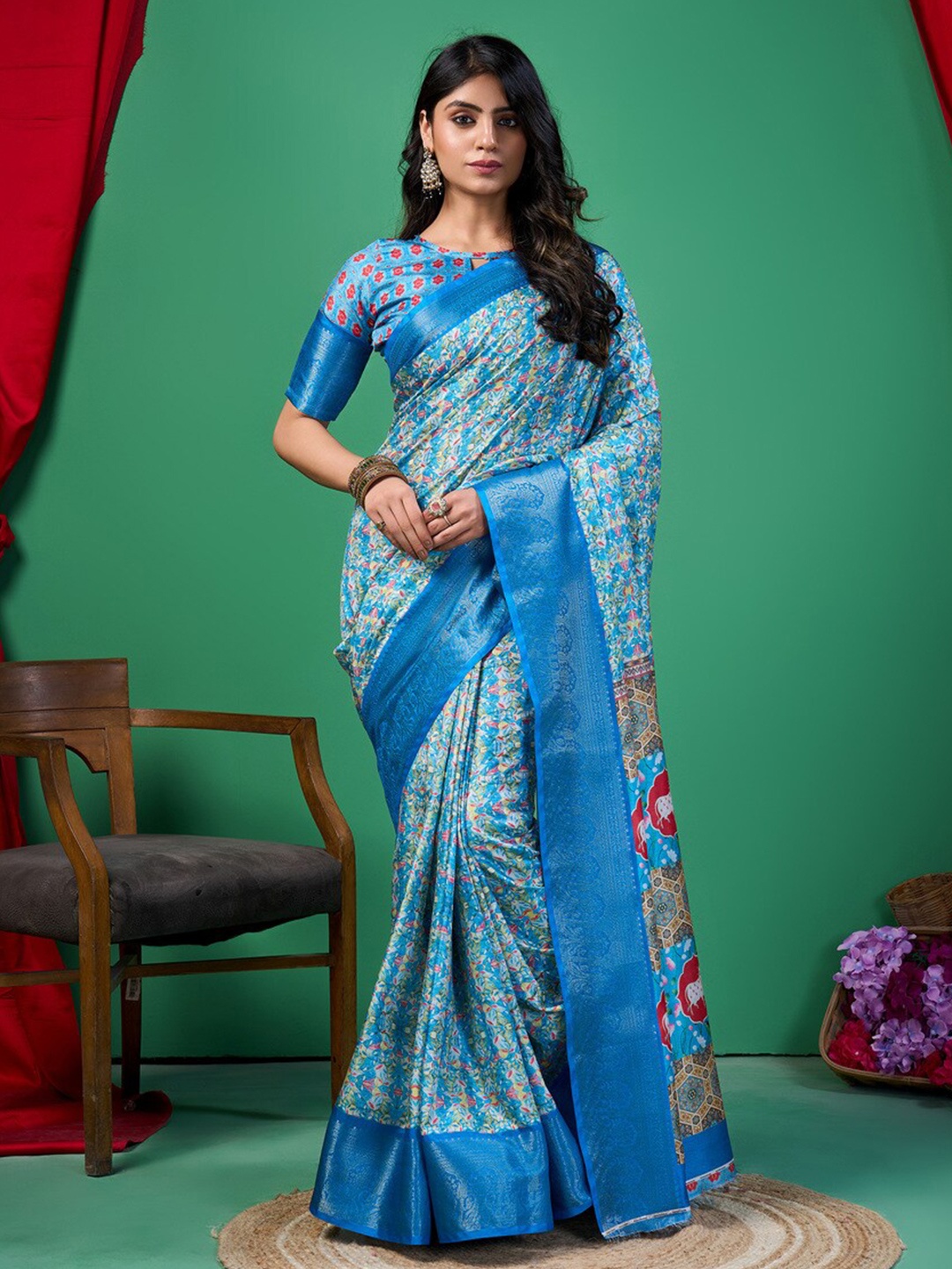 

Fashion FRICKS Floral Digital Printed Zari Silk Cotton Saree, Blue