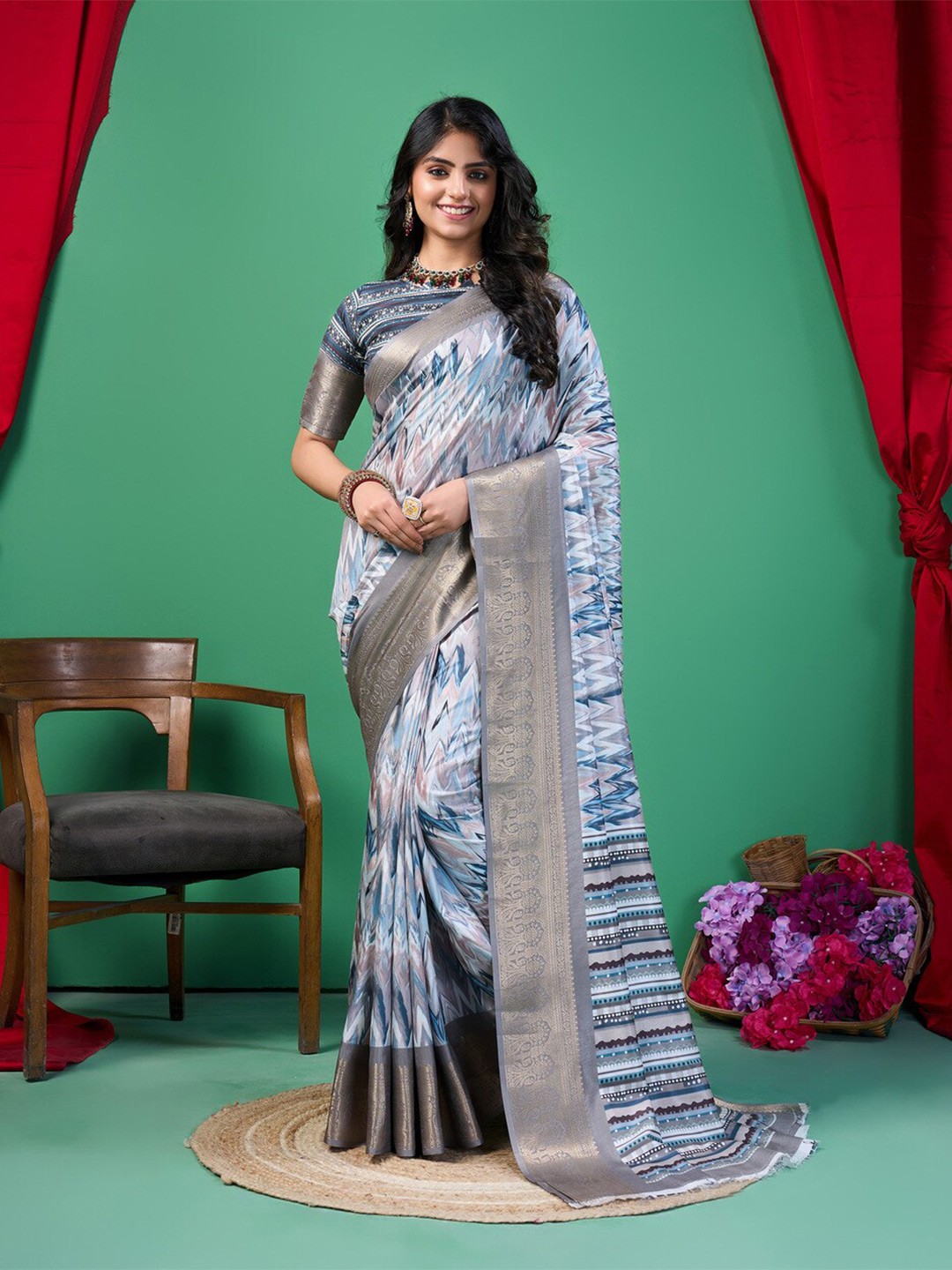 

Fashion FRICKS Women Zari Silk Cotton Saree, Blue