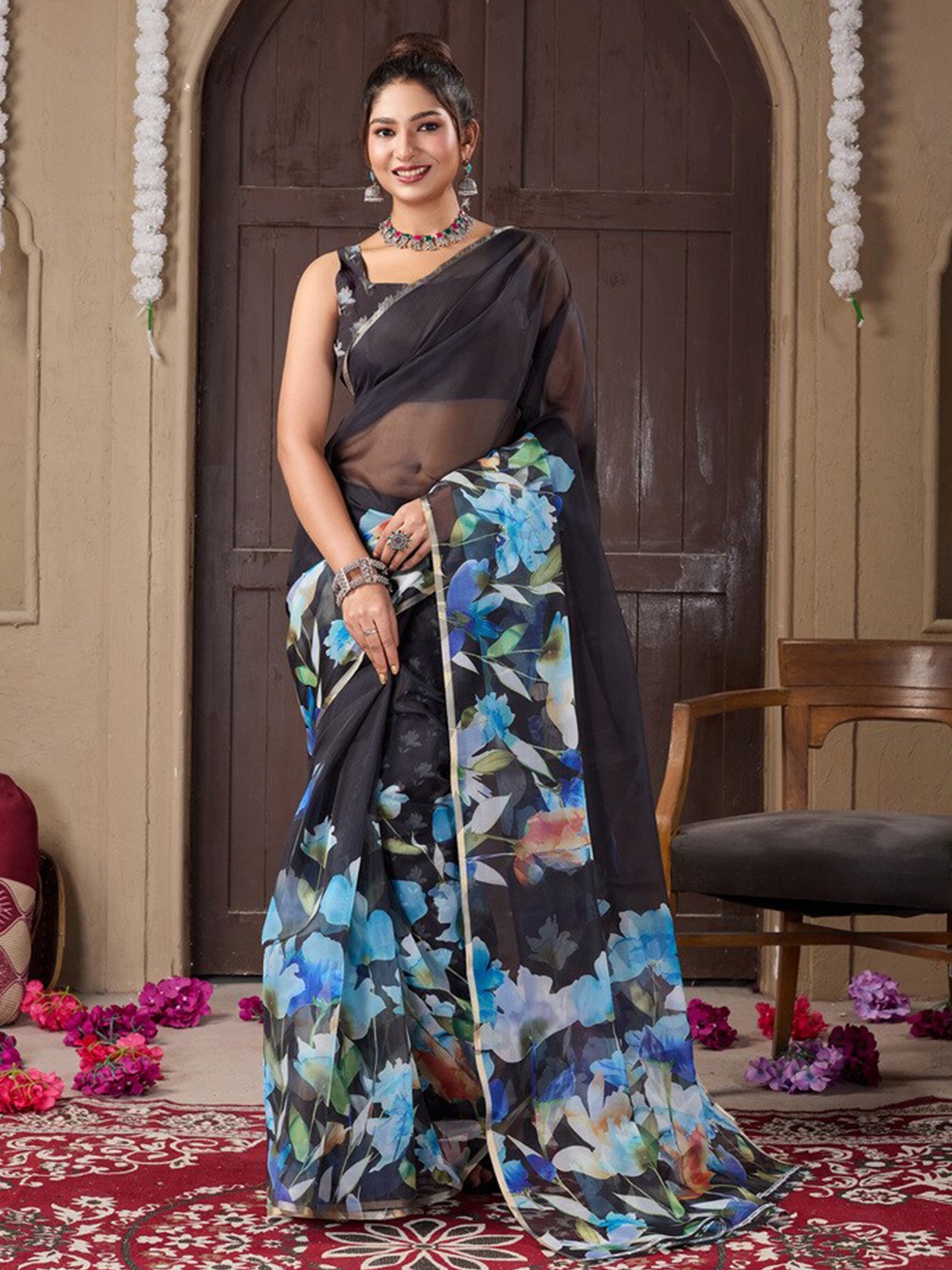 

Fashion FRICKS Floral Organza Saree, Black