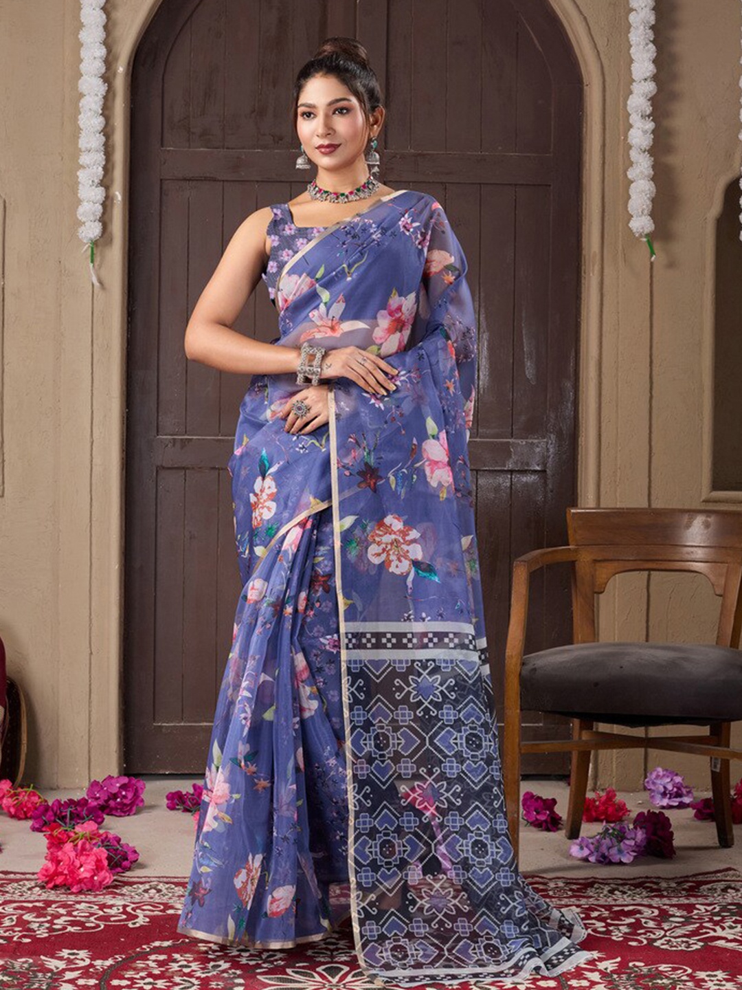 

Fashion FRICKS Women Floral Organza Saree, Blue