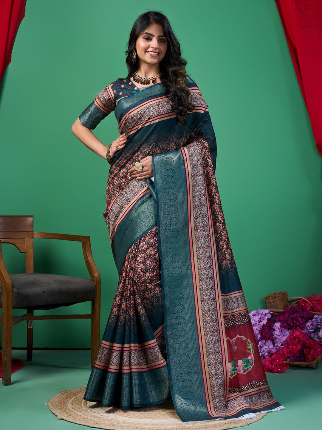 

Fashion FRICKS Ethnic Motifs Zari Silk Cotton Saree, Teal