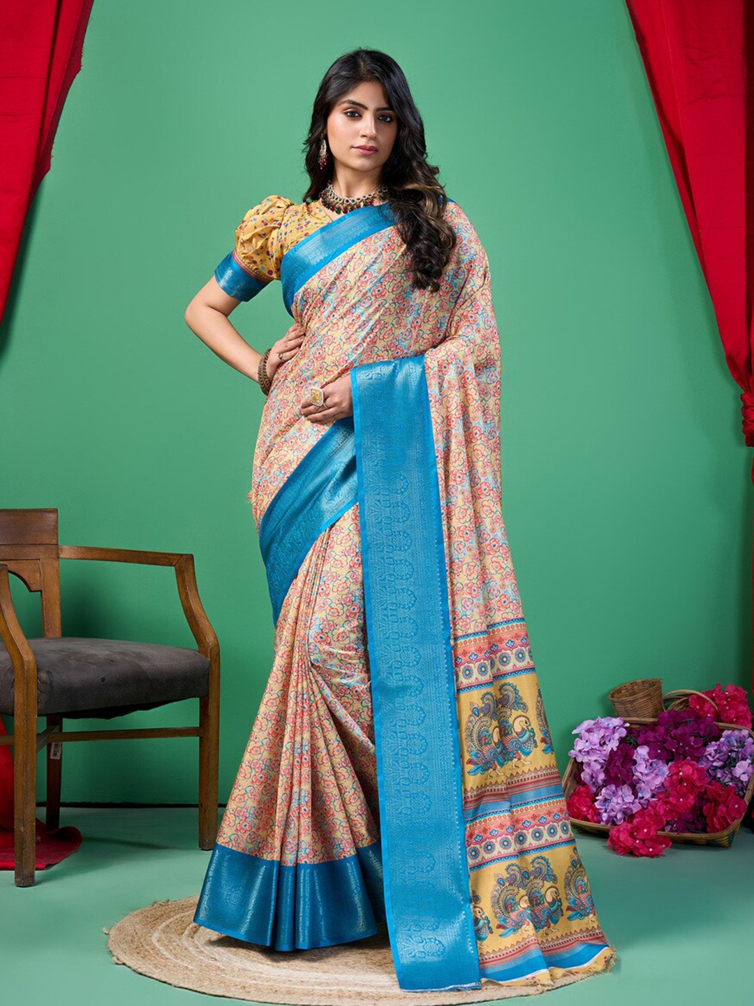 

Fashion FRICKS Floral Digital Printed Zari Silk Cotton Saree, Orange