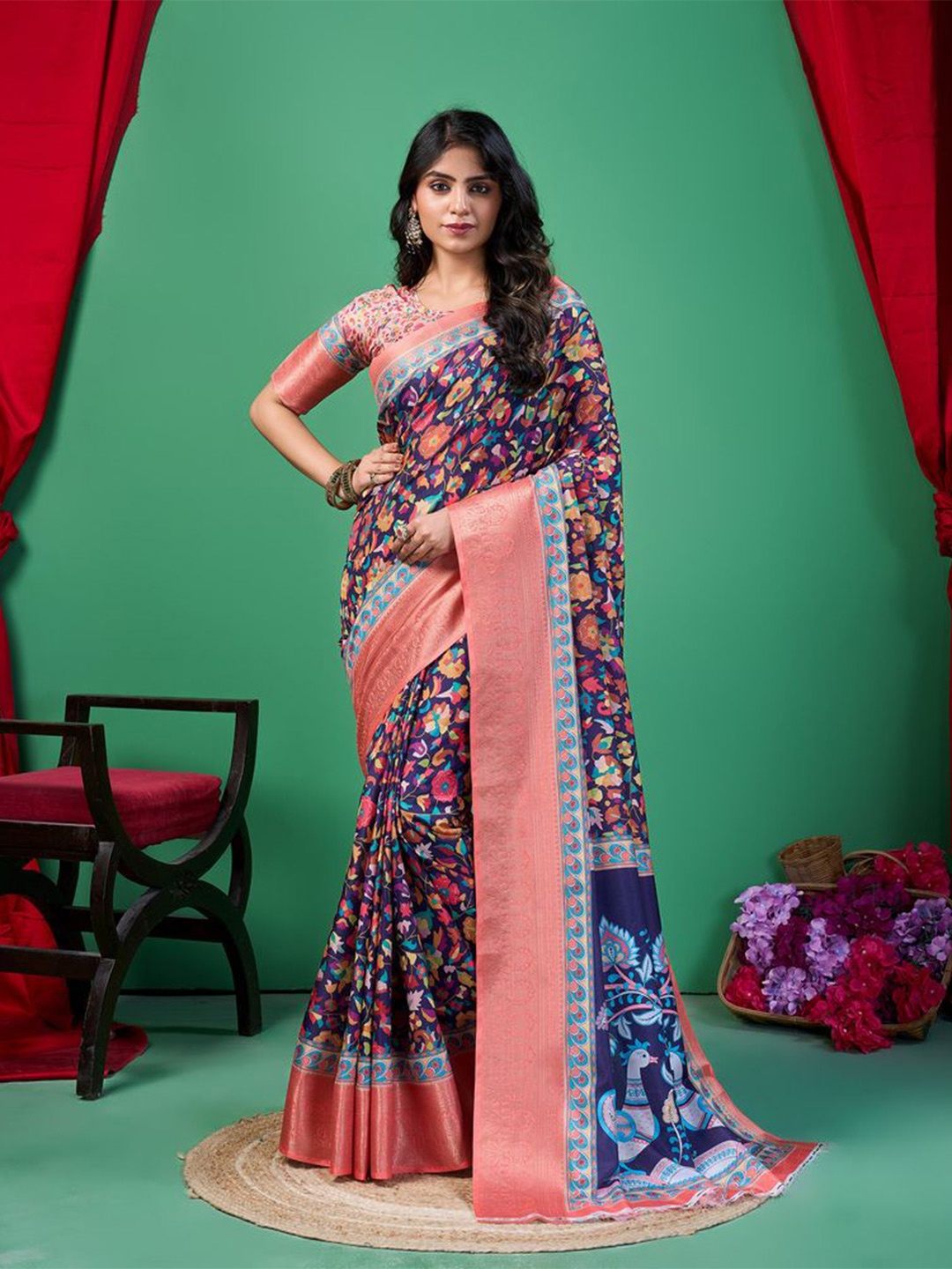 

Fashion FRICKS Ethnic Motifs Zari Silk Cotton Saree, Navy blue