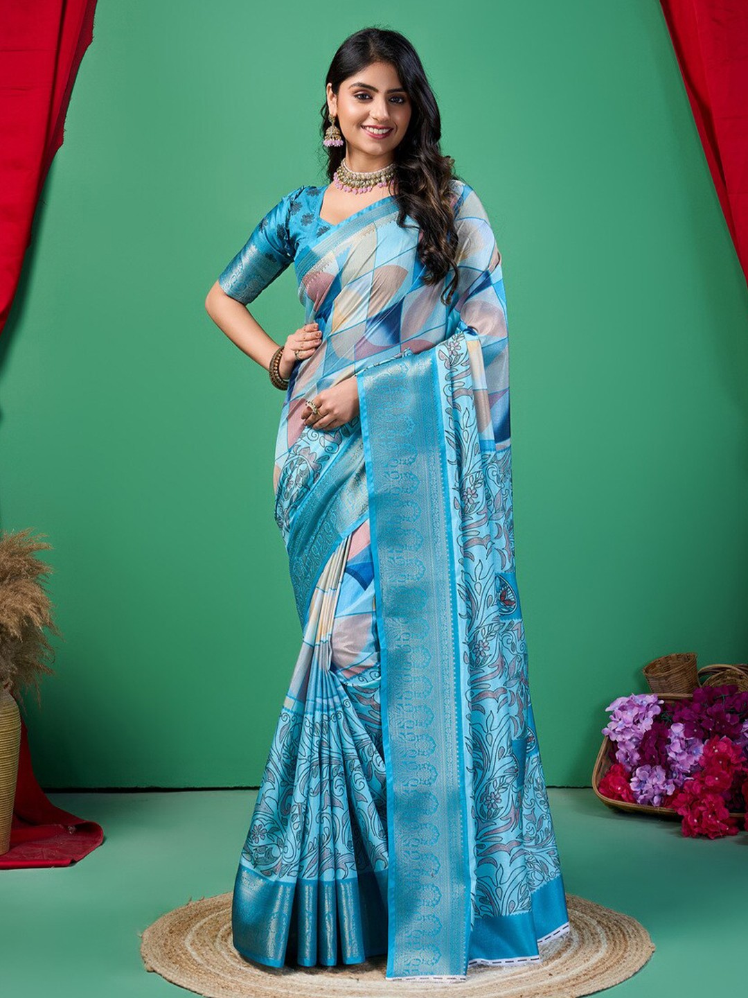 

Fashion FRICKS Women Zari Silk Cotton Saree, Blue