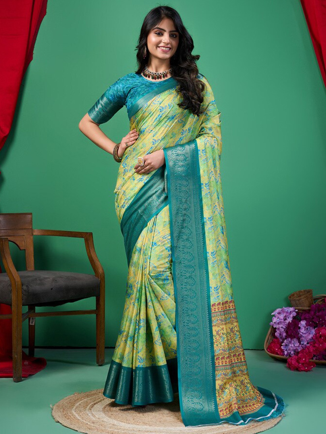 

Fashion FRICKS Floral Zari Silk Cotton Saree, Yellow