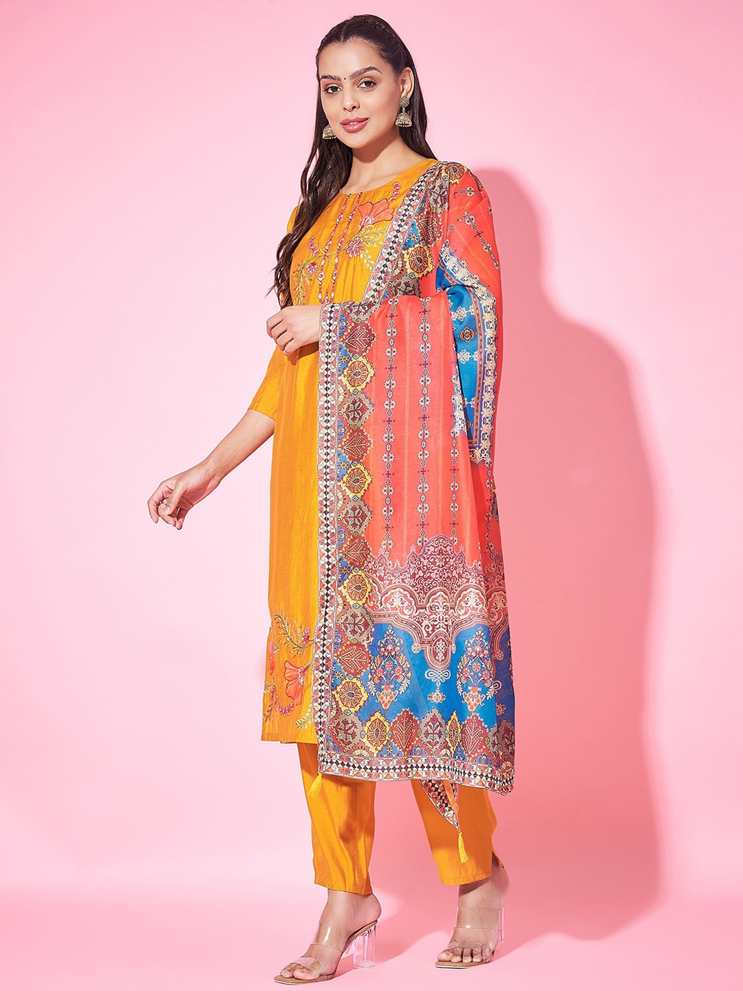 

Label Khoj Round Neck Floral Embroidered Kurta with Trouser & Dupatta, Yellow