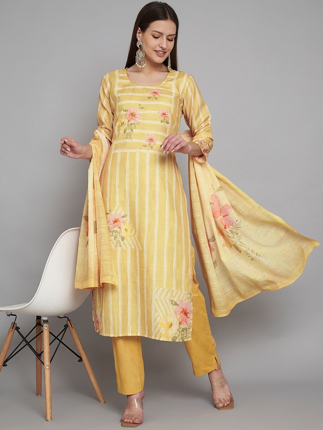 

Label Khoj Round Neck Floral Printed Linen Straight Kurta with Trouser & Dupatta, Yellow