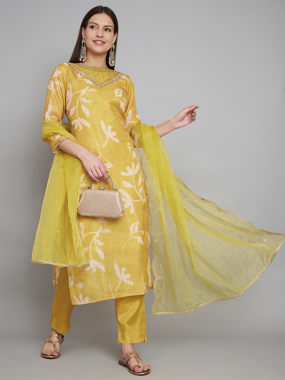 

Label Khoj High Neck Floral Embroidered Straight Kurta with Trouser & Dupatta, Yellow